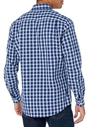 Amazon Essentials Men's Slim-Fit Long-Sleeve Poplin Shirt, Navy White Plaid, Large - Image 3