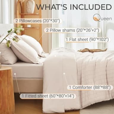 MUXHOMO 7 Pieces Queen Comforter Set, Seersucker Bed in a Bag Queen Size, All Season Luxury Bedding Set with Comforter, Flat Sheet, Fitted Sheet, Pillowcases & Shams, Beige - Image 4