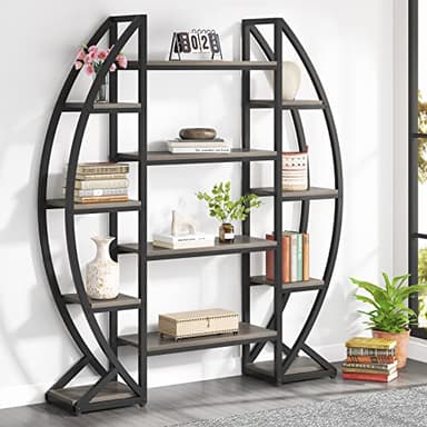 Tribesigns Oval Bookshelf, Triple Wide 5 Tier Etagere Bookcases, Industrial Display Shelves for Living Room (Gray, 55") - Image 3