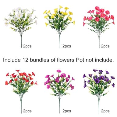 HyeFlora Artificial Flowers for Outdoors Fake Plants Outside Decoration, 12 Bundles Silk Colorful Morning Glory with Eucalyptus UV Resistant Realistic Faux Flowers for Planter Porch Patio Yard Garden - Image 6