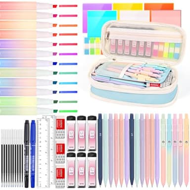 60 Pcs Aesthetic School Supplies with Large Capacity Pencil Case, 5 Quick Dry Black Ink Gel Pens, 12 Color Pastel Highlighters, 6 Mechanical Pencil Set 0.5 & 0.7 mm, 7 Multi-Color Index Sticker-Blue - Image 1
