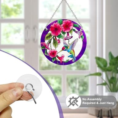 Stained Glass Window Hanging, Hummingbird Gifts for Women, Bird and Flowers Suncatcher for Window, 6" Purple Sun Catchers, Hand Painted Glass for Birds Lover (6 inch) - Image 4