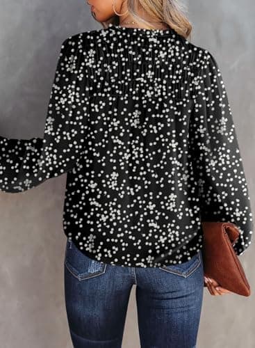 Dokotoo Womens Juniors Summer Tops 2025 Fashion Trendy Casual Dressy Fall Outfits Smocked Long Sleeve T Shirts Alicia Flower Print V Neck Business Work Tunic Bohemian Floral Top Medium Black - Image 5