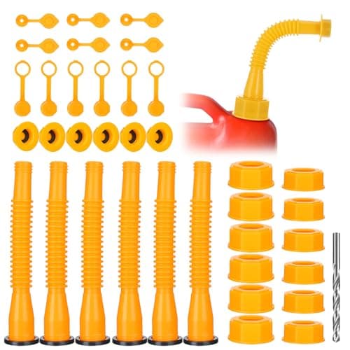 Gas Can Spout Replacement - 6 Kit Fuel Can Tank Nozzle with Gasket for 1/2/5/10 Gal Oil Cans, Easy to install, Durable Anti-Spill with Screw Collar Caps, Spout Cover, Base Cap, Drill Bit - Image 1
