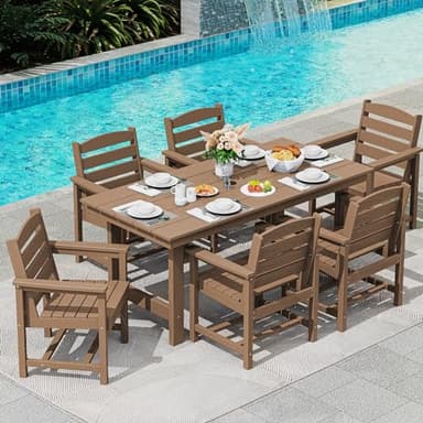 SERWALL 6-Person Outdoor Dining Table - 67" Rectangle HDPE Patio Table with Center Umbrella Hole, Weatherproof, Brown - Image 7