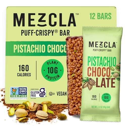 Mezcla Puff Crispy Protein Bars, Gluten Free & Vegan Protein Bars, 10g Protein, Alt for Pistachio Dubai Chocolate Bar, Granola Bars & Breakfast Bars, Healthy Snacks for Adults, Pistachio Chocolate, 12 Pack - Image 1