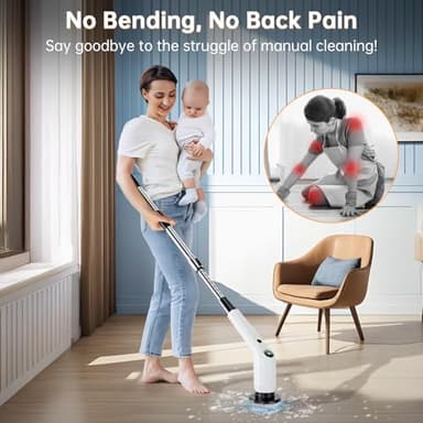 PUFTEM Electric Spin Scrubber, Cordless Shower Scrubber with 8 Scrub Brush, 2 Speed with Adjustable Extension Handle, Battery Level Display, Power Scrubber for Bathroom Bathtub Tile Floor (Black) - Image 2