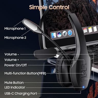 Trucker Bluetooth Headset, Wireless Headset with Mic, Bluetooth Headsets with Dual Noise Cancelling Microphone & Mute Button, 55Hrs Working Time PC Headsets for Cell Phones, Computer, Truck Driver - Image 8