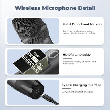 HWWR Wireless Microphones, Professional UHF Dual Microphones for Karaoke, Wireless Dynamic Microphone System Set with Rechargeable Receiver,Plug and Play, Speech, Wedding, Church, PA System - Image 4