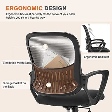 Sweetcrispy Home Office Computer Desk Chair, Managerial Executive Ergonomic Mid-Back Mesh Rolling Swivel Chair with Wheels, Comfortable Lumbar Support, Comfy Arms for Bedroom, Study, Student, Black - Image 3