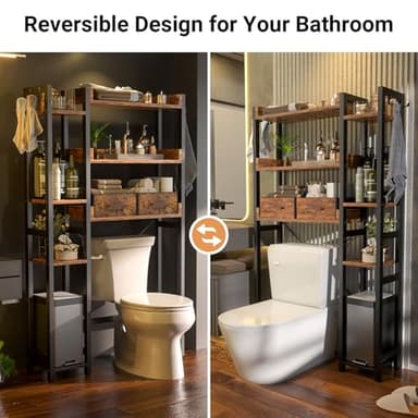 Over The Toilet Storage with 2 Drawers - 7 Tier Bathroom Organizer with Adjustable Shelf, Freestanding Space Saver Storage Rack Above Toilet Stand with 4 Hooks for Restroom, Laundry, Rustic Brown - Image 5