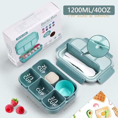 Bento Box Adult Lunch Box for Men Women, Bento Lunch Box for Kids Boys Girls School, Lunch Containers for Adults with 4 Compartments, Utensil Set, Sauce Container, Muffin Cup, Green - Image 3