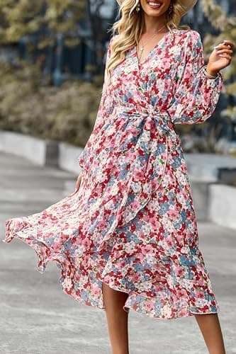PRETTYGARDEN Women's Floral Boho Dress Fall Long Sleeve Wrap V Neck Ruffle Flowy Maxi Spring Wedding Guest Vacation Dresses - Image 4