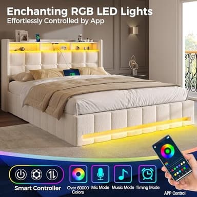 Rolanstar Bed Frame Full Size with Lift Up Storage, Charging Station & LED Lights, Upholstered Storage Headboard, Heavy Duty Wooden Slats, No Box Spring Needed, Noise Free, Easy Assembly, Beige - Image 6