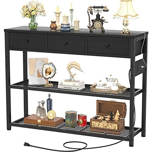 Ecopriso 47'' Entryway Table with Outlets and USB Ports, Console Table with 3 Drawers, Sofa Table Narrow Long with Storage Shelves for Living Room, Couch, Hallway, Foyer, Kitchen Counter, Black - Image 1