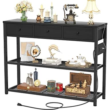 Ecopriso 47'' Entryway Table with Outlets and USB Ports, Console Table with 3 Drawers, Sofa Table Narrow Long with Storage Shelves for Living Room, Couch, Hallway, Foyer, Kitchen Counter, Black - Image 1