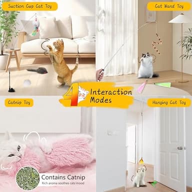Janbenty 4-in-1 Interactive Cat Feather Toys with Durable Retractable Fishing Pole, Enhanced Suction Cup Toy, Door Hanging Teaser Toy and 11 Attachments Replacements for Bored Indoor Adult Cats - Image 2