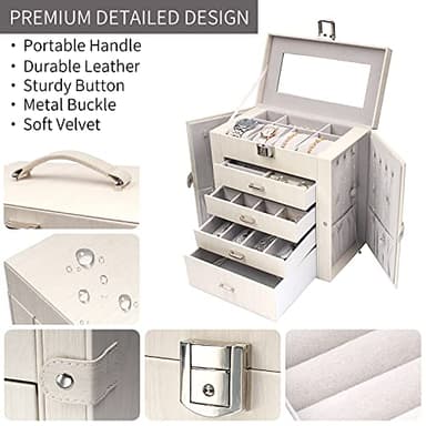 FEIYAN Large Jewelry Box,5-Tier PU Leather Jewelry Organizer with Lock,Multi-functional Storage Case with Mirror,Jewelry Organizer for Bracelets, Earrings, Rings, Necklaces (WHITE) - Image 6