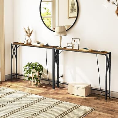MAHANCRIS 78.7'' Narrow Sofa Table with Charging Station, 2 Pack Skinny Console Table, Long Entryway Hallway Couch Table with Power Outlets, Rustic Brown CTHR151E01S2 - Image 9