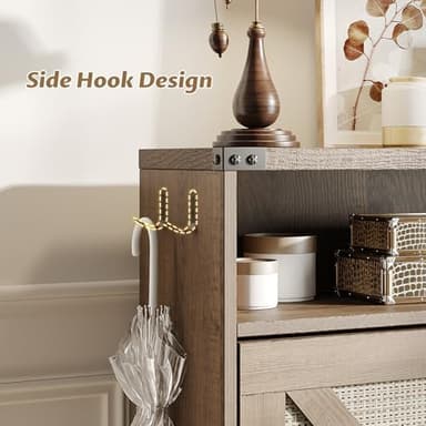 Shoe Cabinet with 2 Flip Drawers & Open Storage,Farmhouse Shoe Storage Cabinet for Entryway,Freestanding Narrow Organizer Rack with Legs,Foyer,Hallway,Rustic Oak Rattan - Image 9
