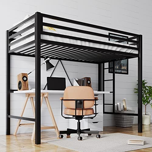 SHA CERLIN Loft Bed Twin Size with Ladder and Guardrail,Heavy Duty Metal Slats Support No Box Spring Needed Small Space Saving Furniture for Bedroom Dorm,Black - Image 1