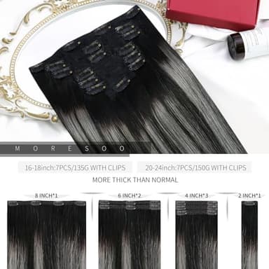 Moresoo Clip on Hair Extensions Balayage Remy Double Weft Human Hair Extensions Clip ins Natural Black to Silver 20inch 150Grams 7pcs - Image 3