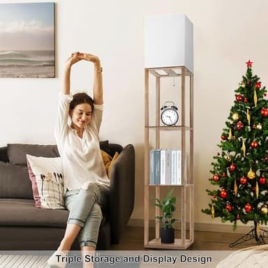 Floor Lamp with Shelves for Living Room Natural Wood, Shelf Floor Lamp with 3 CCT LED Bulb, Corner Display Standing Column Lamp Etagere Organizer Tower Nightstand with White Linen Shade for Bedroom - Image 5
