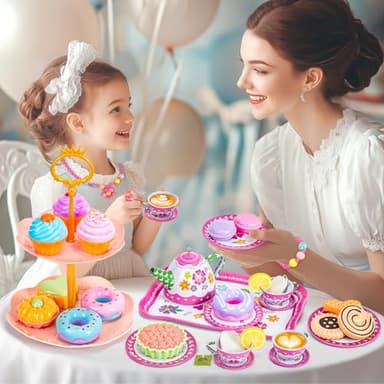 Hohosunlar Kids Tea Party Set for Little Girls, Flower Toy Tin Tea Set with Carry Case, Dessert Play Food Tea Cup Set Teapot Girl Jewelry, Birthday for Girls Kids 3 4 5 6 7 Years Old - Image 6