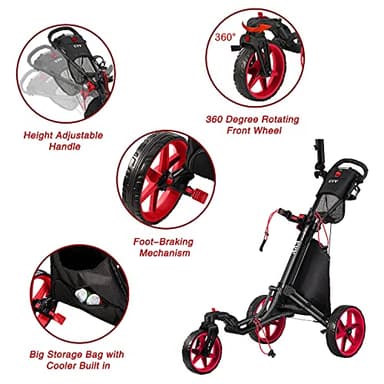 KVV 3 Wheel 360 Rotating Front Wheel Foldable/Collapsible Golf Push Cart with Foot Brake Open and Close in ONE Second-Free Umbrella Holder Included(Black/Red) - Image 5