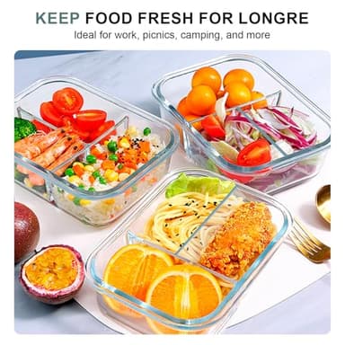KOMUEE Glass Meal Prep Containers 3 Compartments, 5 Pack 36 oz, Glass Food Storage Containers with Lids, Airtight Lunch Bento Box, Portion Control, Freezer and Microwave Safe - Image 6