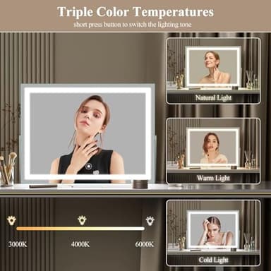 Gvnkvn Ligheted Vanity Mirror with Lights, 14" x 12" LED Makeup Mirror, 3 Modes Light, Smart Touch Control Dimmable, 360°Rotation, Rectangle White Frame - Image 4