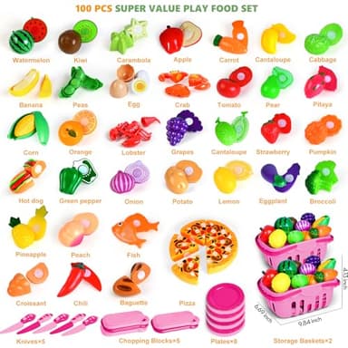 100 Pcs Play Food Set for Kids Kitchen, Pretend Food Toy for Toddlers, Play Kitchen Toys Accessories with 2 Baskets, Cutting Fake Food/Fruit/Vegetable, Christmas Birthday Gifts for Boys and Girls - Image 2