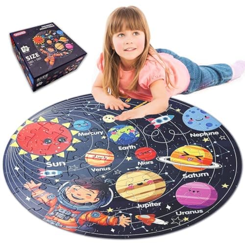 TALGIC Puzzles for Kids Ages 4-6 with Solar System Planets, 70 Piece Round Large Kids Floor Puzzles for Ages 3 4 5 6 7 8, Educational Toy Gift Jigsaw Puzzles for 5 Year Old Boys Girls - Image 1