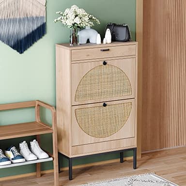 Yechen Shoe Rack Storage Organizer with 2 Natural Semi-Circular Rattan Doors, Entryway Wooden Shoe Cabinet for Sneakers, Leather Shoes, High Heels, Slippers (1 Piece, Oak) - Image 1
