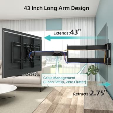 HCMOUNTING Long Arm TV Wall Mount for 42-80 inch TVs, Full Motion with 43 inch Extension Articulating Arms, Swivel and Tilt TV Bracket, Holds up to 110 lbs, Max VESA 600x400mm - Image 5