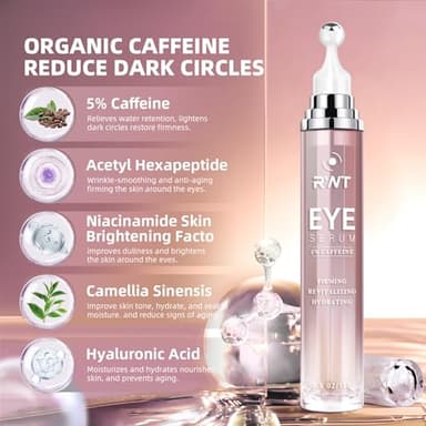 5% Caffeine Eye Cream & Under Eye Serum for Dark Circles and Puffiness, 360° Massage Roller Ball Eyes Treatment Serum, Reduces Wrinkles Fine Lines for Women - Image 4