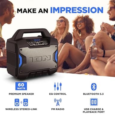 ION Tailgater Boom - Outdoor Portable Bluetooth Speaker with Mic in, FM Radio, USB Port, Battery, IPX5 Water-Resistant, Wireless Stereo-Link, App, 60W - Image 2