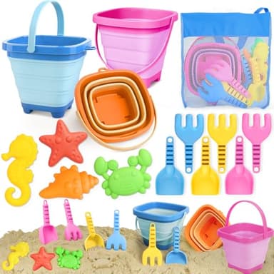 Dreamon Beach Toys for Kids 3-10, Collapsible Sand Castle Toys for Beach Include 3 Pack Foldable Buckets, Shovels Molds and Storage Mesh Bag, Sandbox Travel Toy for Toddlers Kids - Image 1