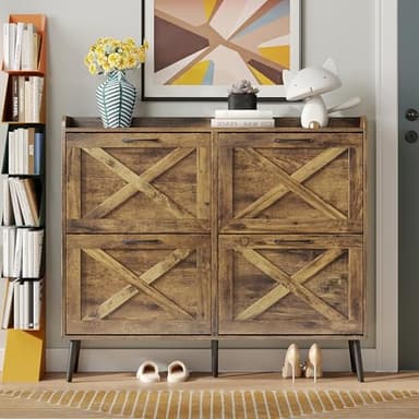 Maupvit Large Shoe Cabinet with 4 Flip Drawers, Freestanding Shoe Organizer with Metal Drawer Bracket for Entryway, Narrow Shoe Rack Cabinet, 5 Sturdy Legs, Rustic Brown - Image 8