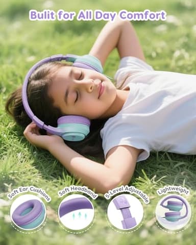 Kids Headphones with Cord for School, 74/85/94dB Volume Limit, Wired Over-Ear Headphones for Kids Boys Girls, Stereo Sound 3.5mm Jack for Tablet, Kindle, YOTO Player, Airplane Travel, Purple Green - Image 3