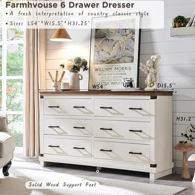 Farmhouse 6 Drawers Dresser for Bedroom, Wood Large Chest of Drawers with Thick Plank Styling, Rustic Closet Dresser for Bedroom or Living Room, Antique White - Image 4