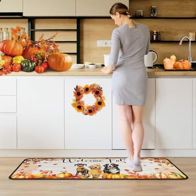 OUXIOAZ Welcome Fall Pumpkin Decorative Kitchen Rugs Set of 2, Autumn Pet Pumpkin Kitchen Mats Decor Dog Lover Gifts, Maple Leaves Thanksgiving Kitchen Mat 17"x47"+17"x30" - Image 4