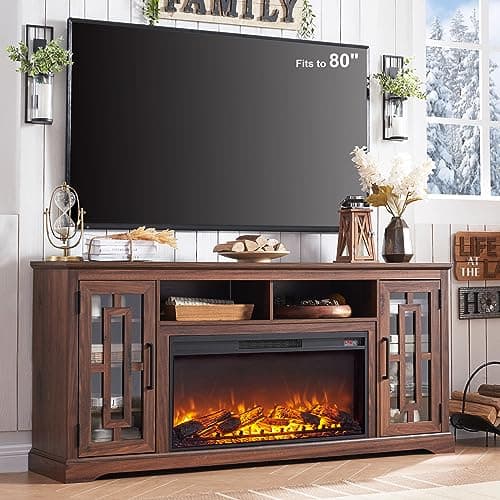JXQTLINGMU Fireplace TV Stand with 36" Electric Fireplace for 80 Inch TV, Farmhouse 32" Tall Highboy Entertainment Center w/6 Shelves, Modern Media Console w/Storage for Living Room, Brown - Image 1