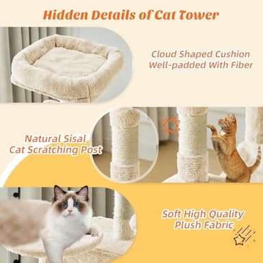 Sweetcrispy 44 inch Cat Tree Tower, Multi-Cat Climbing Tower with Condo, Natural Sisal Scratching Posts, Extended Platform, Hammock, Pet House for Indoor Cats and Kittens Play, Beige - Image 5