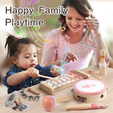 Musical Instruments for Girls - Toys for 2 3 Year Old Girl Birthday Gifts - 8 in 1 Wooden Montessori Musical Set with Xylophone/Tambourine/Maracas/Flute for Toddler 2-4(Pink) - Image 4