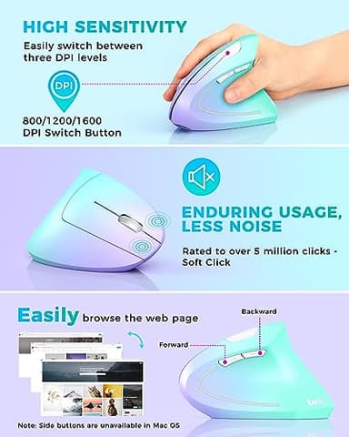 Lekvey Ergonomic Mouse, Vertical Wireless Mouse, Rechargeable 2.4G Optical Carpal Tunnel Mice: 800/1200 / 1600 DPI, 6 Buttons, for Laptop, PC, Mac, Computer, Desktop, Notebook etc, Green Purple - Image 5