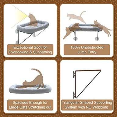 Zakkart Cat Window Perch - 100% Metal Supported from Below - Comes with Warm Spacious Pet Bed - Cat Window Hammock for Large Cats & Kittens - for Sunbathing, Napping & Overlooking (Grey) - Image 4