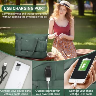 ETRONIK Gym Bag for Women, 47L Carry On Travel Duffel Bag with Shoes Compartment, Weekender Overnight Bag with Wet Pocket & USB Charging Port for Women, Travel, Gym, Weekend, Large Size (Dark Green) - Image 6