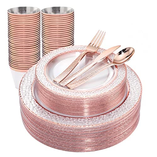 Ciaell 150PCS Rose Gold Plastic Plates – Disposable Plates with Rose Gold Plastic Silverware include 50Plates, 25Forks, 25Knives, 25Spoons, 25Cups for Wedding & Party - Image 1