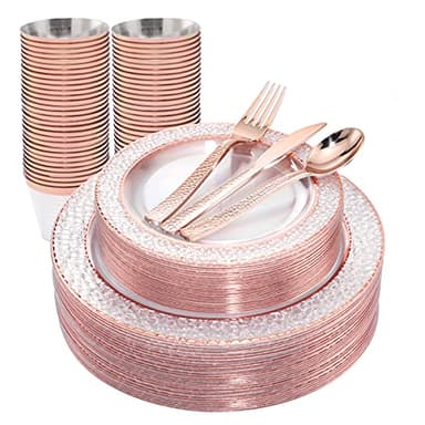 Ciaell 150PCS Rose Gold Plastic Plates – Disposable Plates with Rose Gold Plastic Silverware include 50Plates, 25Forks, 25Knives, 25Spoons, 25Cups for Wedding & Party - Image 1